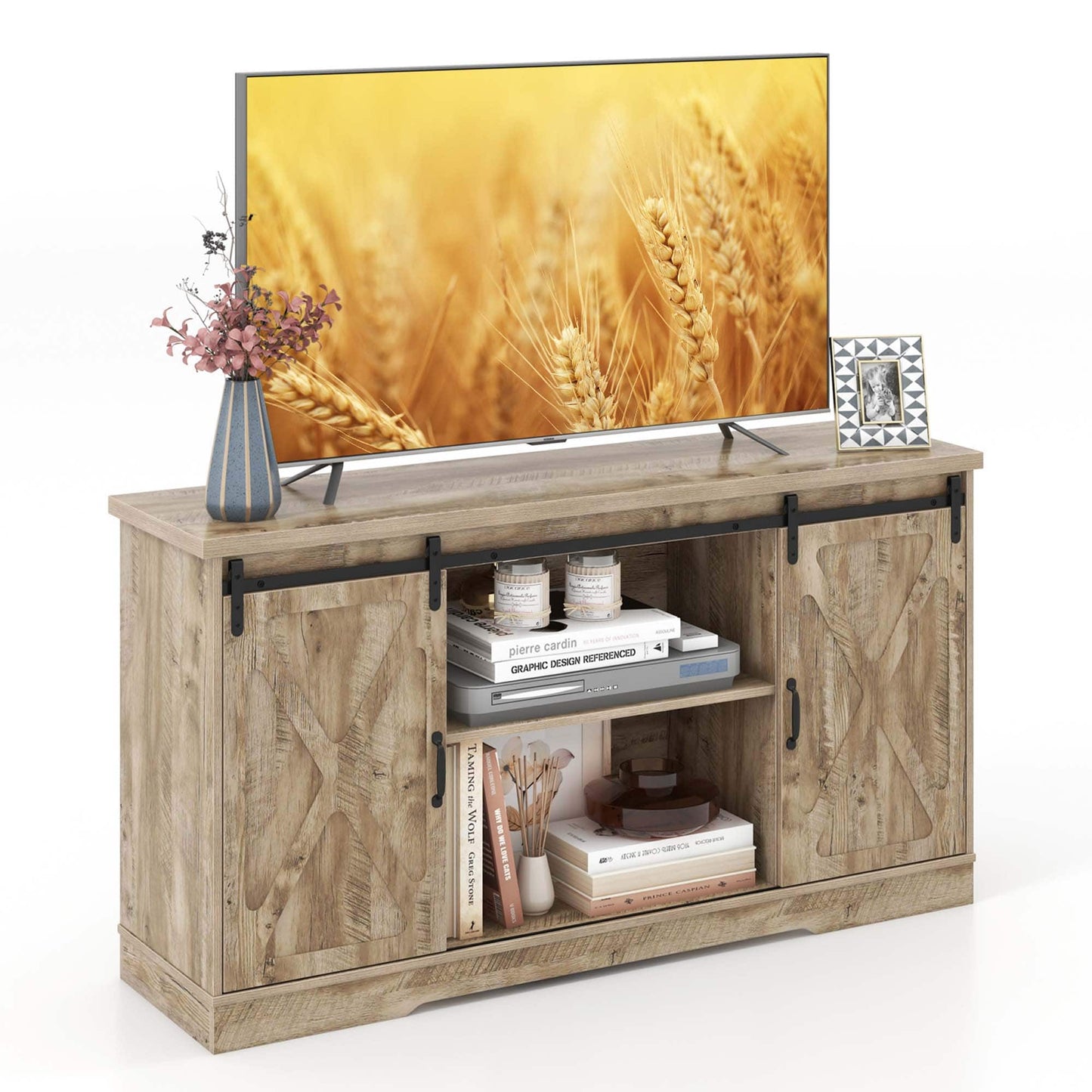 TV Stand Farmhouse Cabinet Sliding Barn Door Adjustable Shelves for TV up to 65''