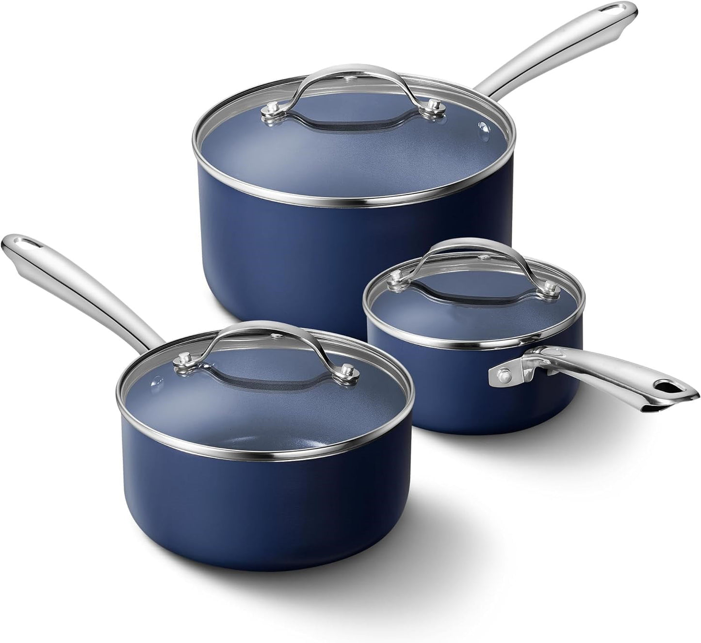 1+2+3QT Nonstick Saucepan Set with Lids, Small Pot Set, Ceramic Coating, Less Oil and Easy to Clean, Stainless Steel Handle, Oven Safe, Fast and Even Heating, Gradient Blue Pan