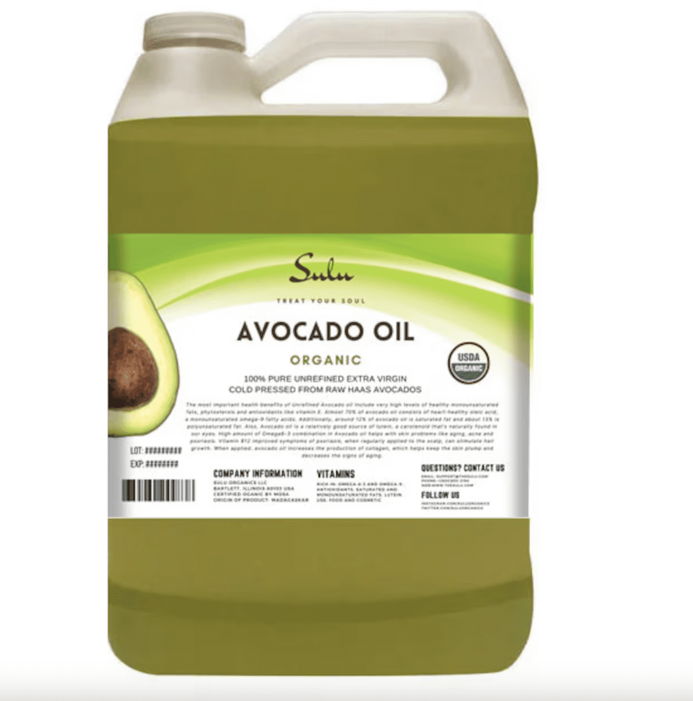 1 Gallon (128 OZ) 100% Pure Organic Cold Pressed Unrefined Extra Virgin Raw Avocado Oil All Natural