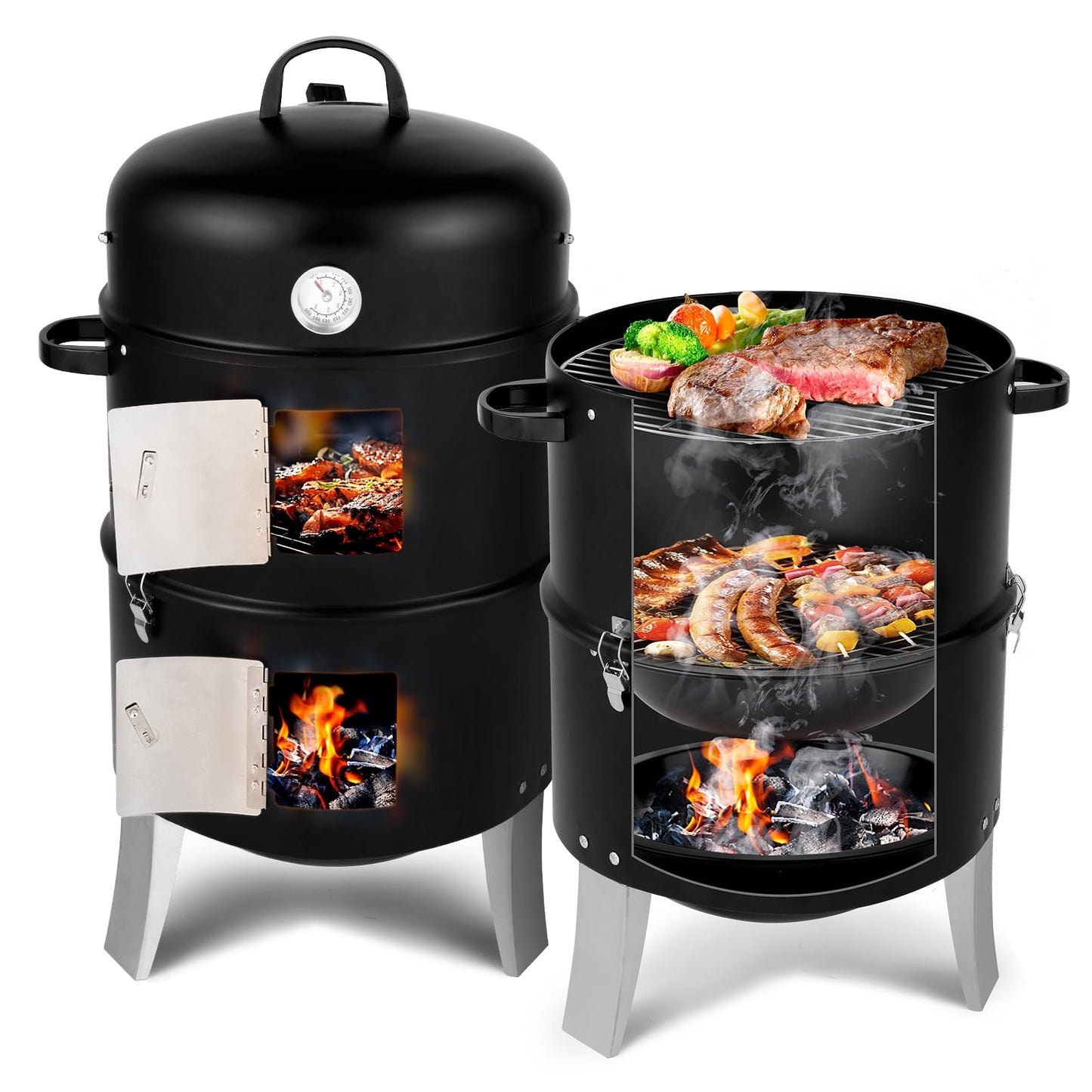 1. Heavy Duty Vertical Steel Charcoal Smoker with Double Layer Cooking Surface, Outdoor BBQ Grill2. Durable Round Black Smoker for Authentic Outdoor Cooking Experience3. Ideal for Grill Enthusiasts