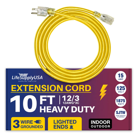 10ft Power Outdoor Extension Cord & Indoor - Waterproof Electric Drop Cord Cable - 3 Prong SJTW, 12 Gauge, 15 AMP, 125 Volts, 1875 Watts, 12/3 by LifeSupplyUSA - Yellow (1 Pack)