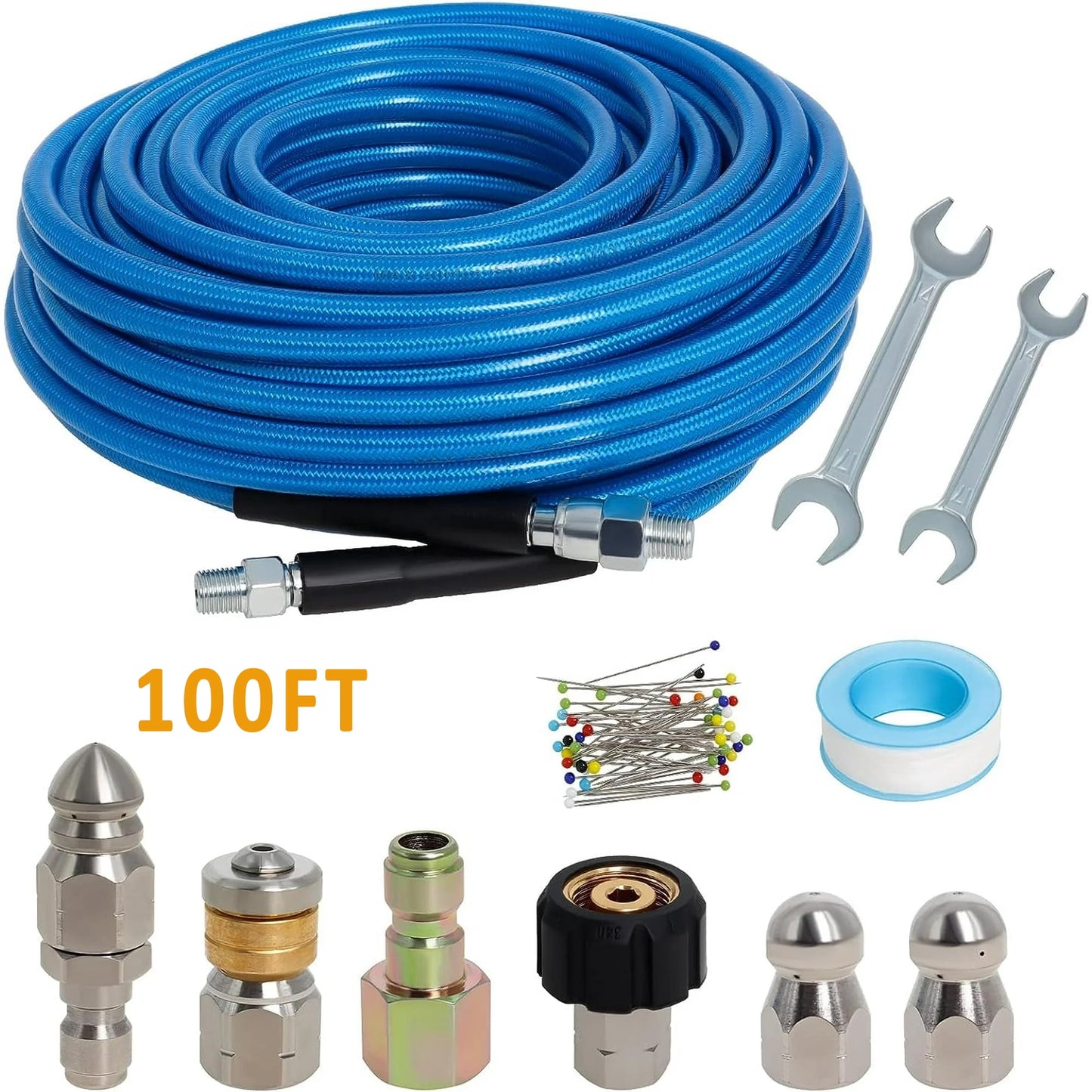 100FT Sewer Jetter Kit for Pressure Washer,5800PSI Water Jet Drain Cleaner Hose NPT Corner Rotating Nozzle Essential Jetting Attachment