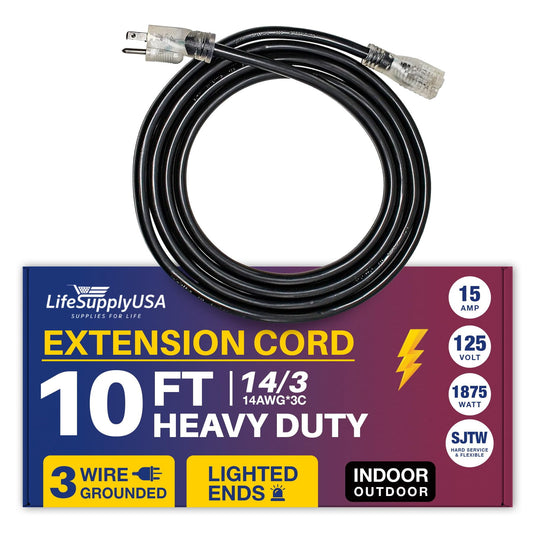 10ft Power Outdoor Extension Cord & Indoor - Waterproof Electric Drop Cord Cable - 3 Prong SJTW, 14 Gauge, 15 AMP, 125 Volts, 1875 Watts, 14/3 by LifeSupplyUSA - Black (1 Pack)