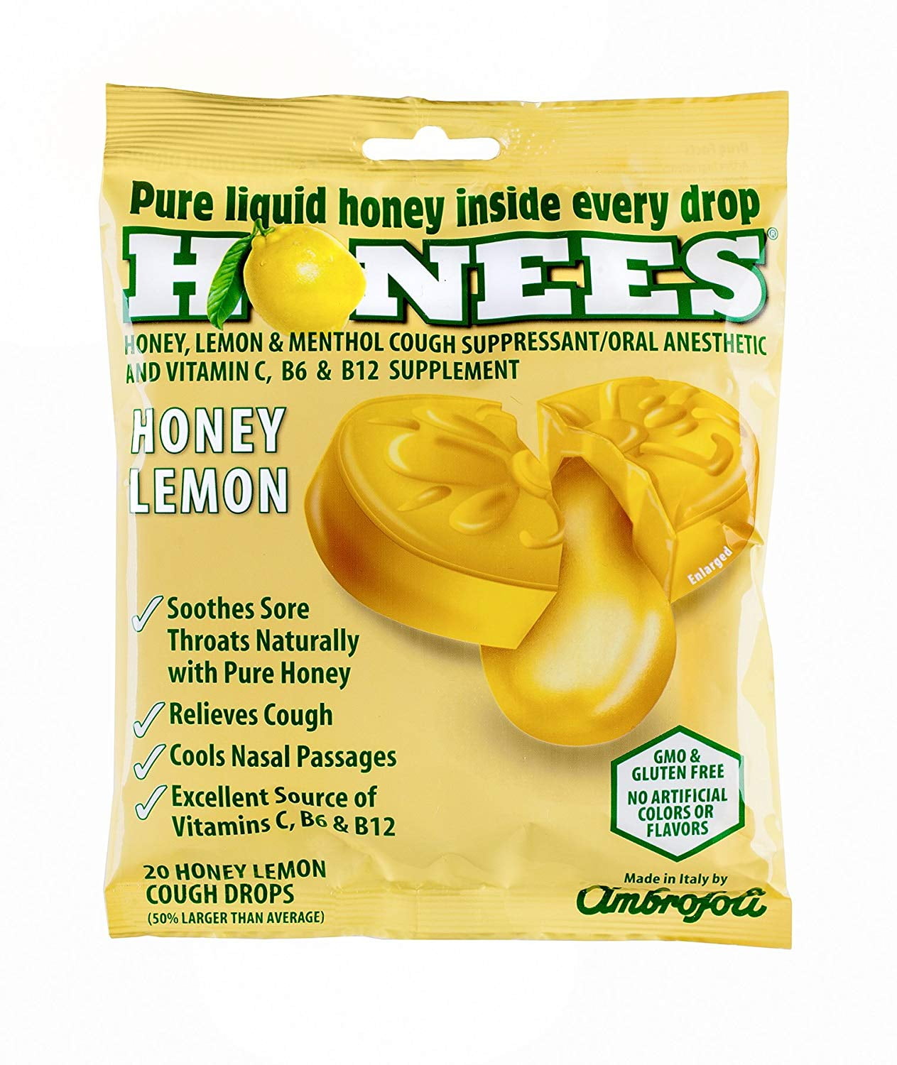 12 PACKS : Honees Honey Lemon Menthol Cough Drops, 20 Count Bag