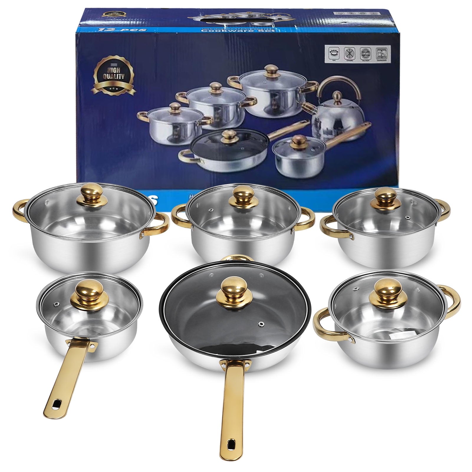 12-Piece Non-Stick Cookware Set, Easy Clean Stainless Steel Nonstick Pots and Pans, Gold Handle