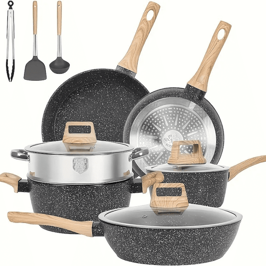 12-Piece Non-Stick Pots and Pans Set: Induction Cooker Ready Granite Cookware Set Including Frying Pan