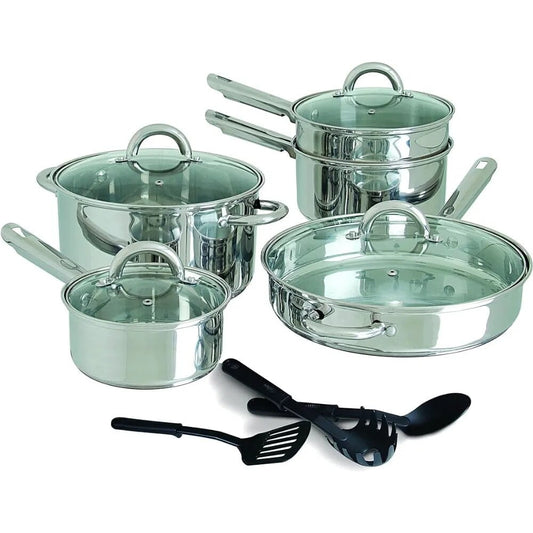 12-Piece Stainless Steel Cookware Set - Silver Kitchen Pot & Pan Collection Cooking pot sets