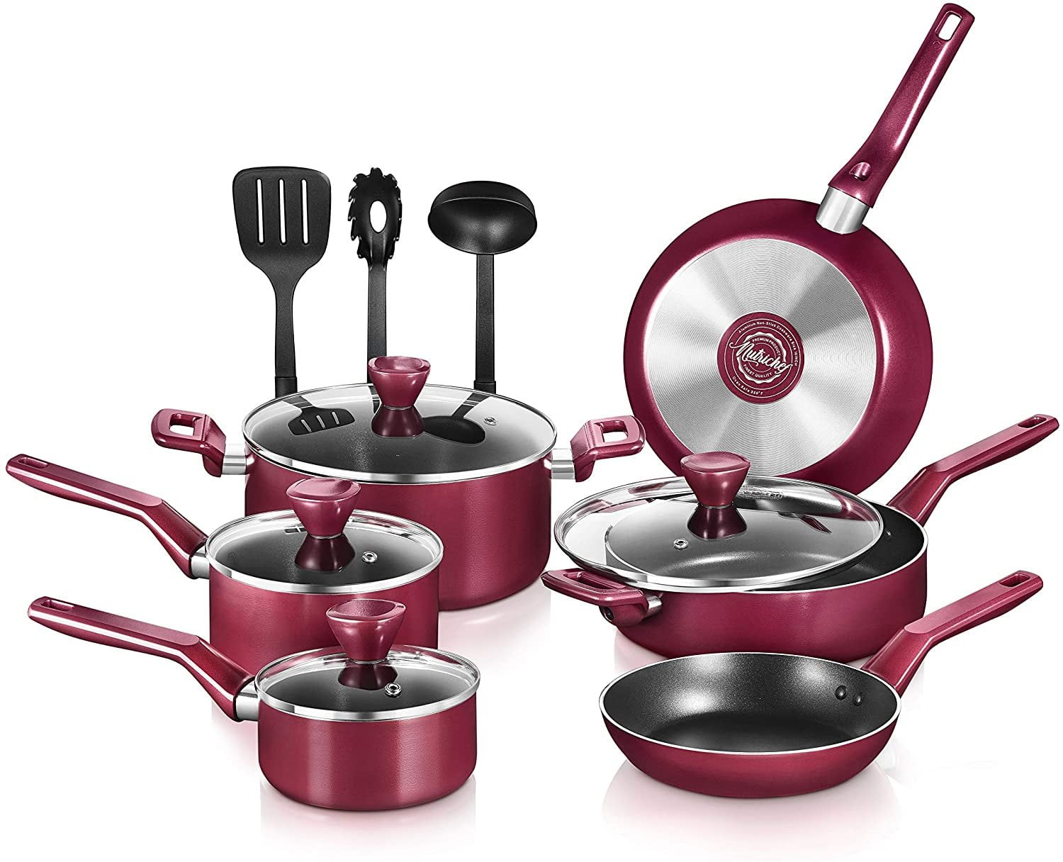 13-Piece Nonstick Kitchen Cookware Set - PTFE/PFOA/PFOS-Free Heat Resistant Kitchen Ware Pots Pan Set w/ Saucepan, Frying Pans, Cooking Pots, Casserole, Lids, Ladle, Fork, Strainer, red -NCCWA13RD.5