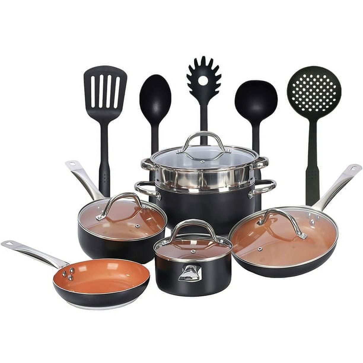 15 Piece Cookwear Set, Pots and Pans Set Nonstick Clearance,Includes Frying Pans, Stock Pots and Skillets for Kitchen,Black