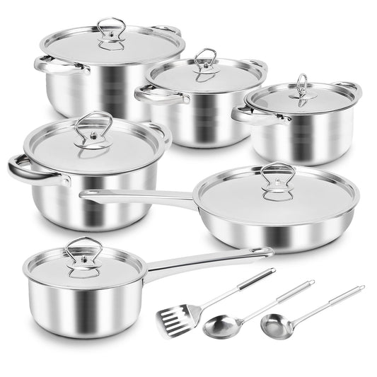 15 Piece Stainless Steel Cookware Set, Pots and Pans Set with Lids Non Toxic, Kitchen Induction Cookware with Utensil Sets For Oven & Dishwasher Safe,Heavy Premium Kitchen Cooking