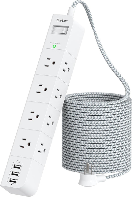 15 ft Extension Cord, Power Strip Surge Protector - 8 Widely AC Outlets 3 USB, Flat Plug, Desktop Charging Station with Overload Protection, Wall Mount for Home, Office, Travel, Computer ETL Listed