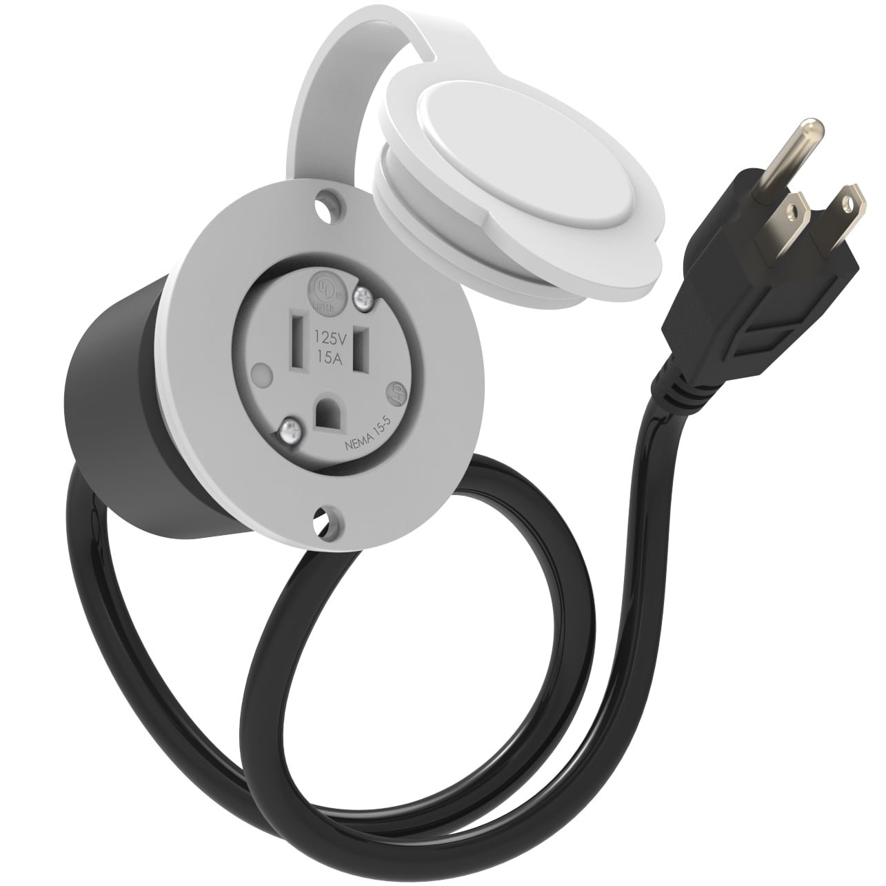 15A Weatherproof Outdoor Power Outlet by Journeyman-Pro 15 Amp 125 Volt NEMA 5-15R Receptacle Kit with Integrated 20" Extension Cord + Waterproof Rubber Cover (GCR1-WHITE)