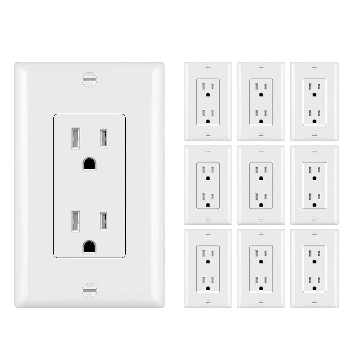 15SP-10 Tamper Resistant Outlet, Wall Outlet Decora Outlet 15 Amp Outlet, Electrical Receptacle Duplex White Outlet, Self-grounding, Child Proof Safety (15a Outlet With Wallplates 10 Pack White) (Set