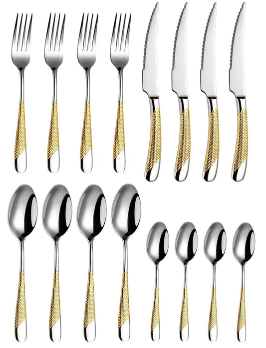 16 Piece Hammered Silver Gold Set, Modern Golden 18/10 Stainless Steel Flatware Set, Kitchen Utensil Set Service for 4, Tableware Set, Cutlery Set, Knives Forks Spoons Set