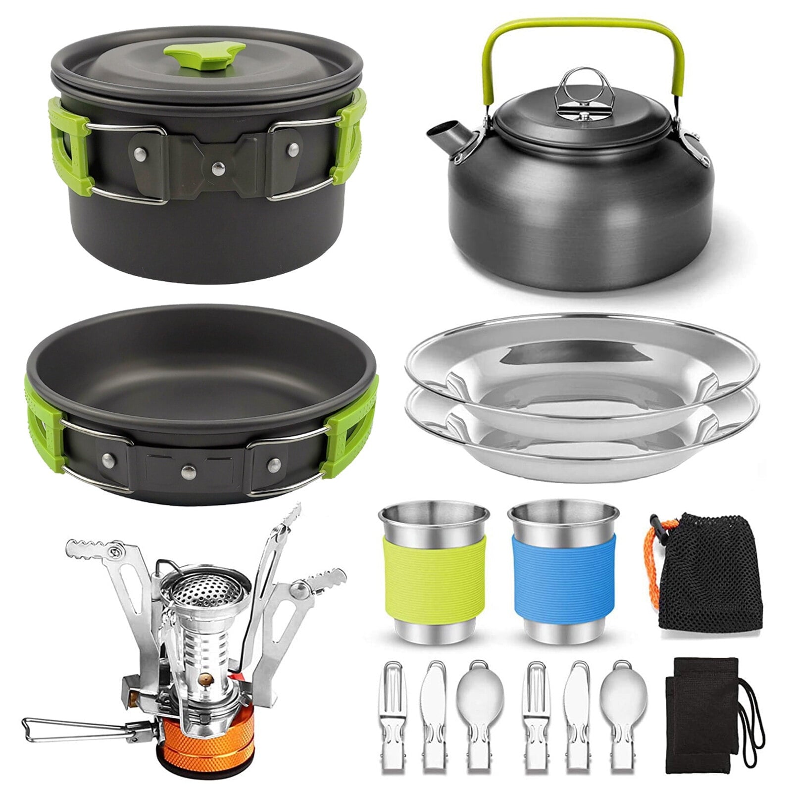 16pcs Camping Cookware Set with Folding Camping Stove, Non-Stick Pot Pan Kettle Set with Stainless Steel Cups Plates Forks Knives Spoons for Outdoor Camping Hiking Backpacking Cooking and Picnic