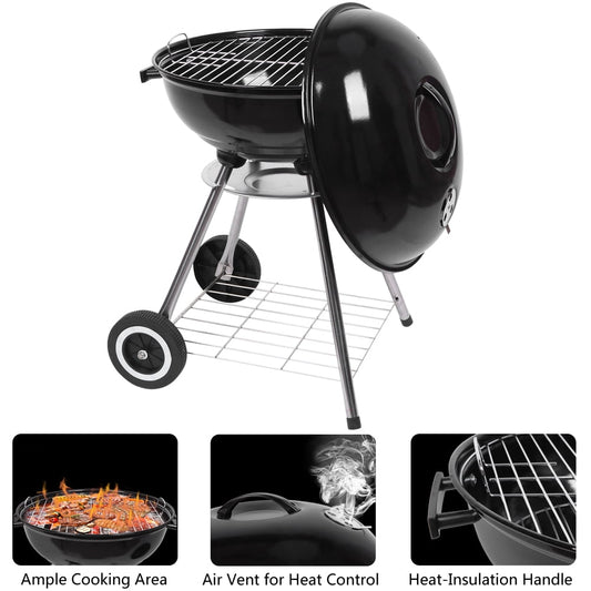 18 Inch Charcoal Grill for Outdoor Camping, High Round Charcoal Barbecue Grill with Thickened Grilling Bowl for Picnic Small BBQ Kettle Patio with Durable Wheels, B029