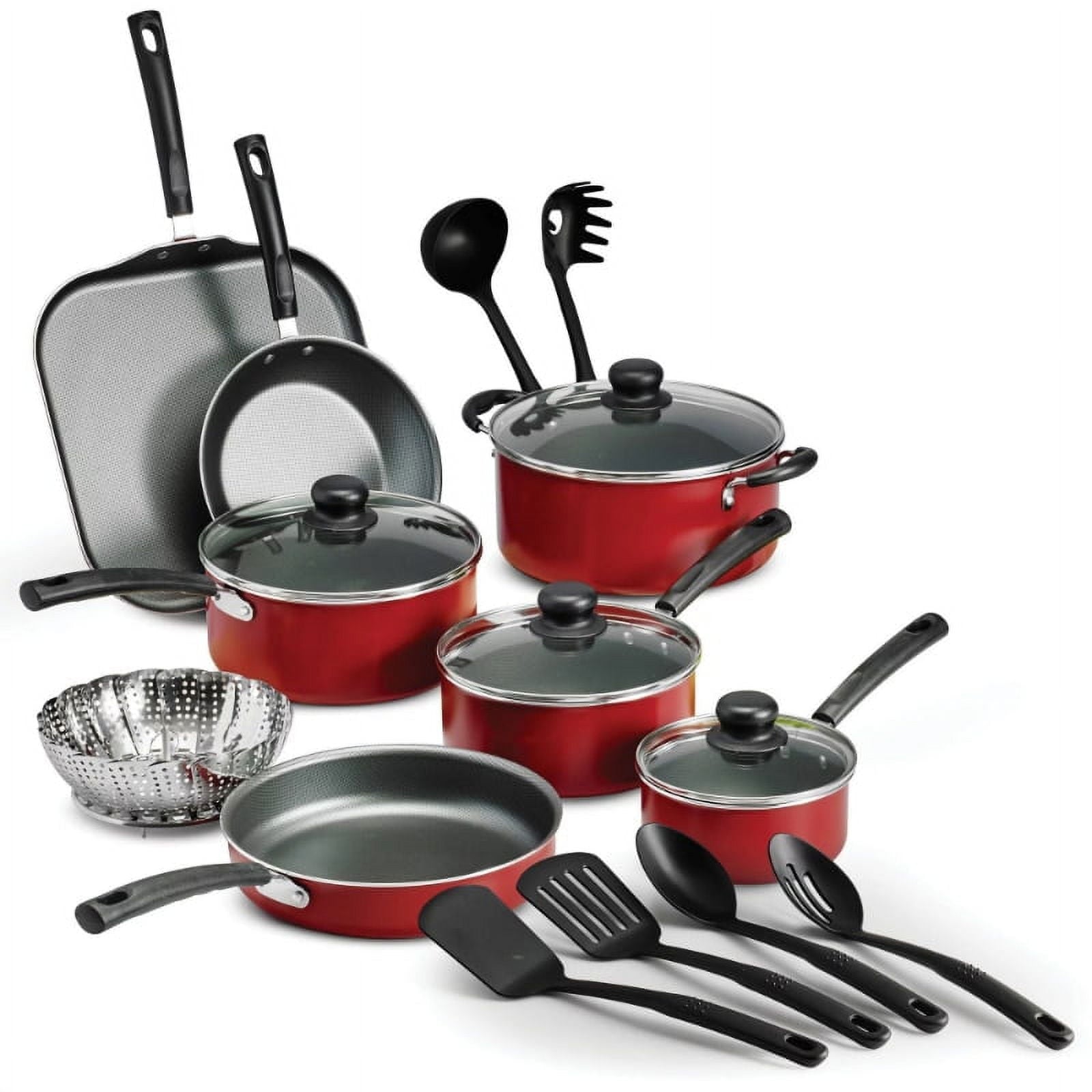 18-Piece Nonstick Cookware Set provides all the cookware essentials Red Kitchenware set