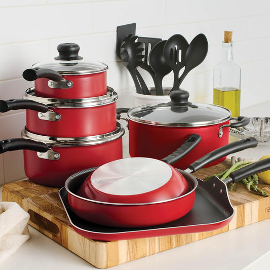 18 Piece Nonstick Pots & Pans Cookware Set Kitchen Kitchenware Cooking NEW (RED)