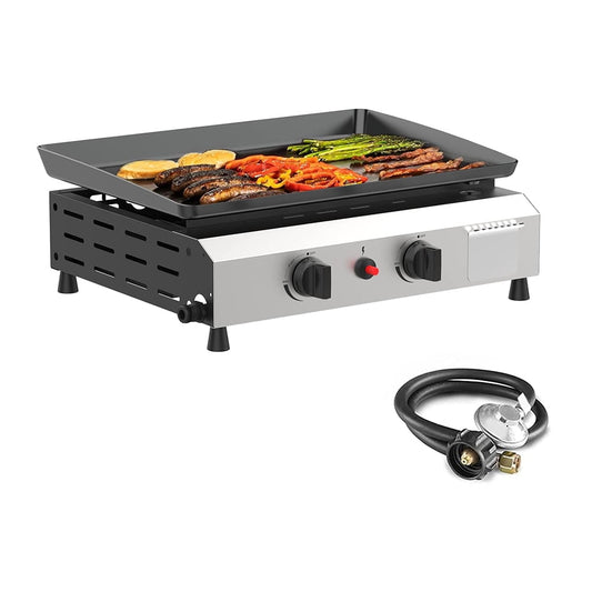 2 Burner Gas Griddle-17 Inch Outdoor Propane Griddle- 20000 BTU Propane Fuelled, Portable Flat Top Gas Grill Camping Griddle Station for Kitchen, BBQ, Tailgating or Picnicking