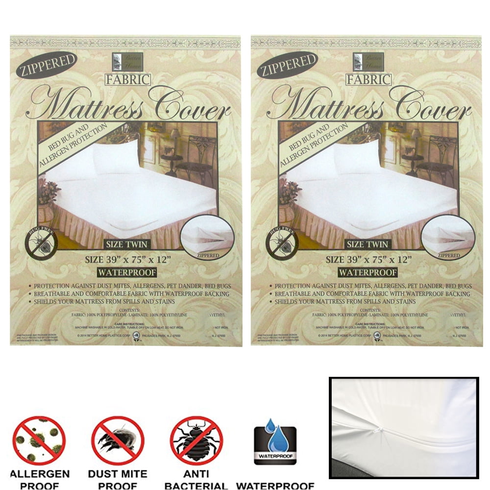 2 Fabric Zippered Mattress Cover Twin Bed Bug Water Protector Pad Hypoallergenic