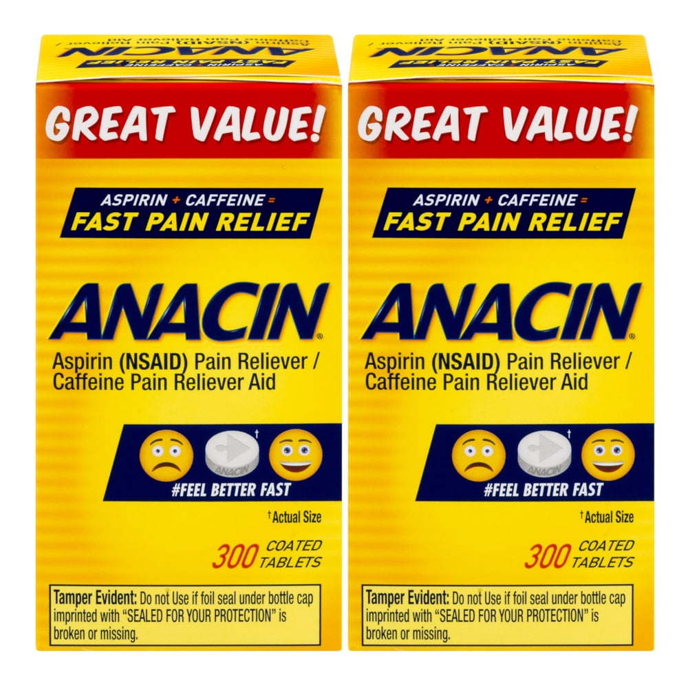 2 Pack Anacin Fast Pain Relief Aspirin & Caffeine Pain Reliever 300 Tablets Each