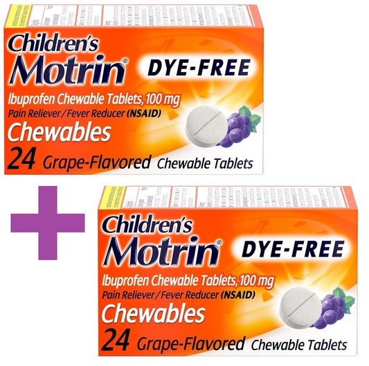 2 Pack Chewable Motrin Children's Dye-Free Ibuprofen Ages 2-11 Pain + Fever Relief Medicine, 24 Chewable Tablets Each