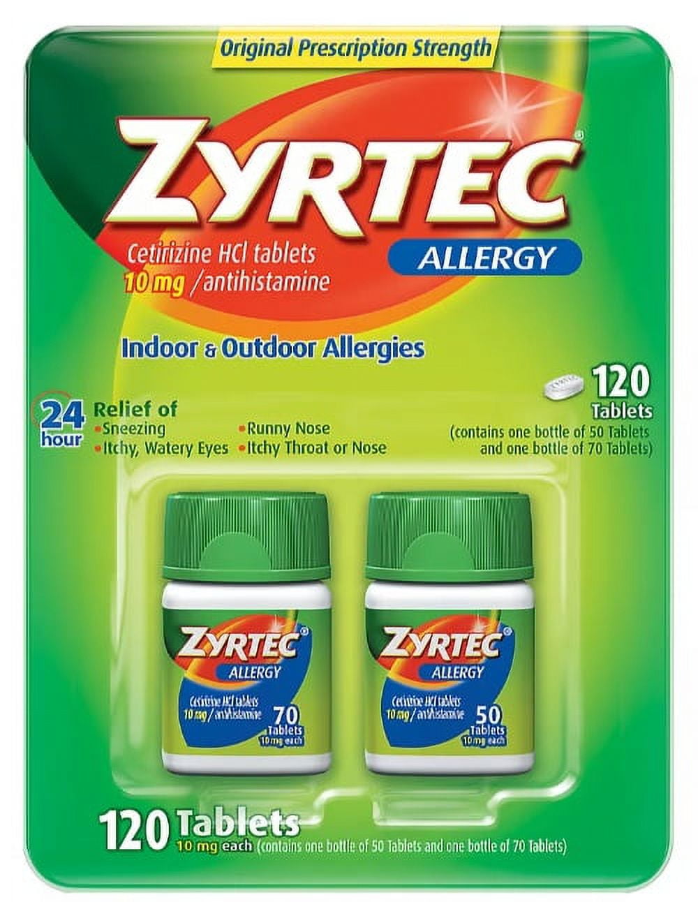 2 Packs Zyrtec 24 Hour Allergy Relief Antihistamine Cetirizine Hcl 10 Mg, 120 Tablets Non-Drowsy