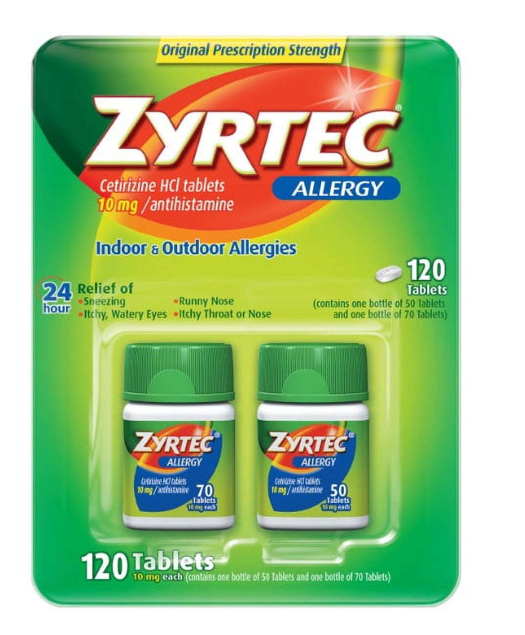 2 Packs Zyrtec 24 Hour Non-Drowsy, Allergy Relief Antihistamine Cetirizine Hcl 10 Mg, 120 Tablets