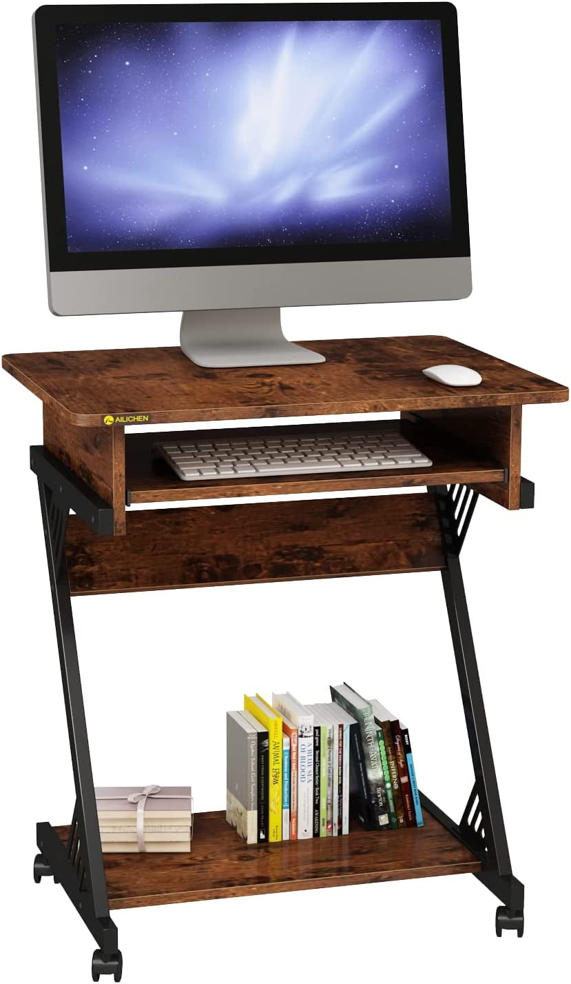 2 Tier Computer Desk with Keyboard Tray, 23.6" Home Office Desk Computer Workstation Rolling Study PC Laptop Table for Small Spaces,Z-Shaped Small Compact Study Table