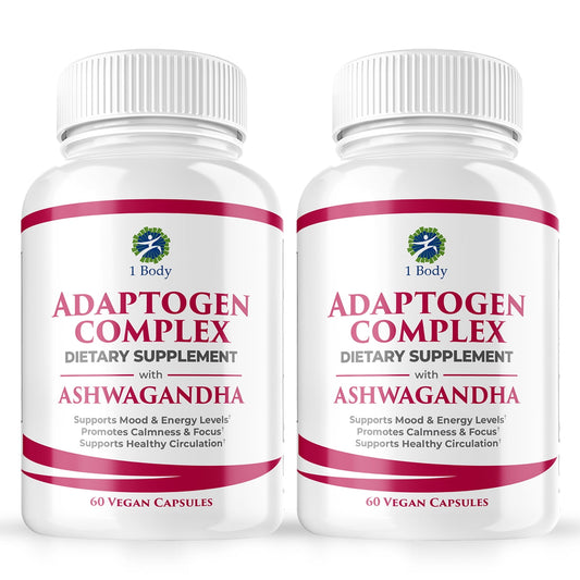 (2 bottles) 1 Body Adaptogen Complex Cortisol Manager Vegan Capsules - Rhodiola Rosea, Magnesium, Ginger Root Extract, Ashwagandha, Schizandra Berry, Licorice & more