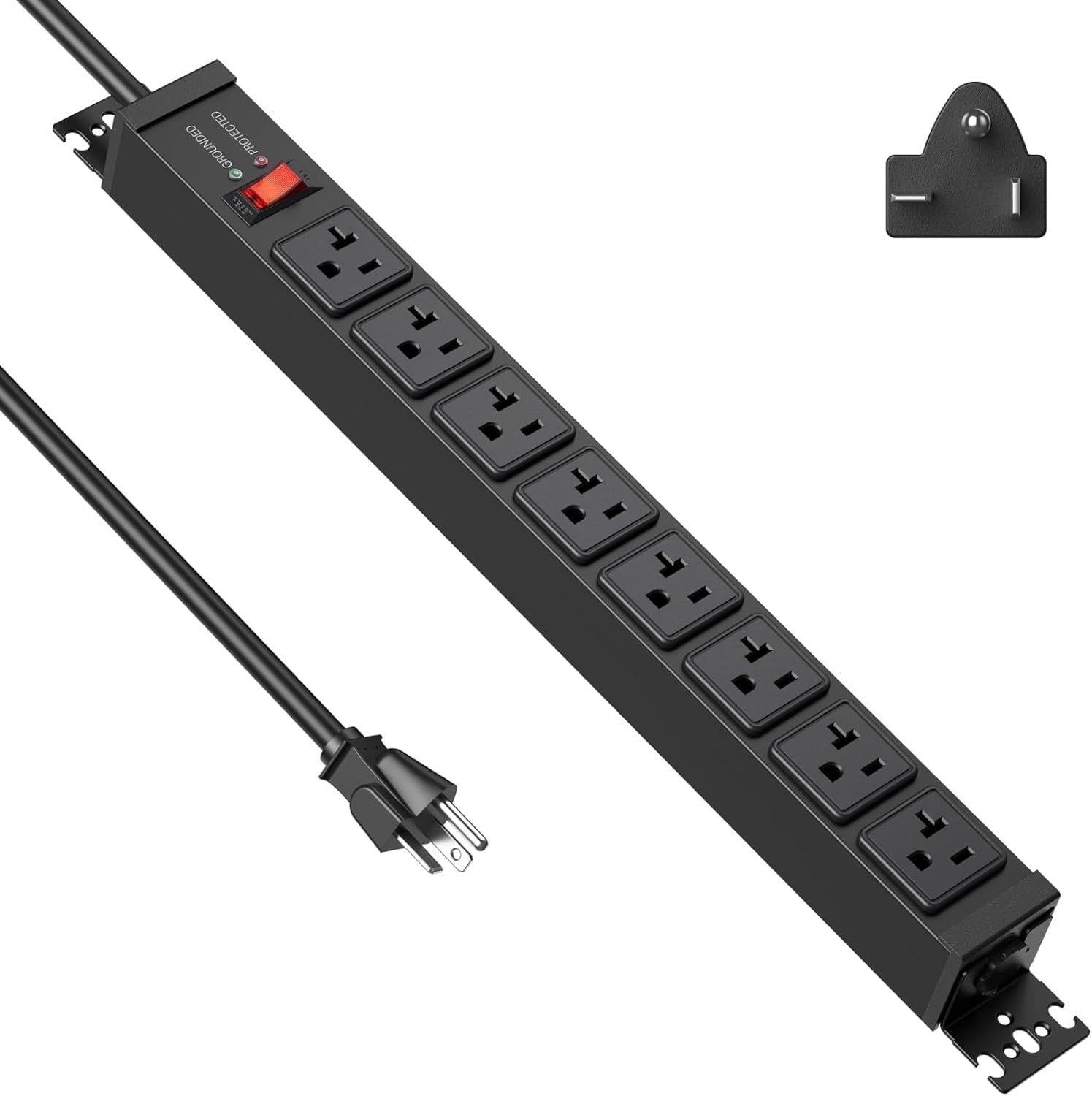 20 Amp Heavy Duty Surge Protector 4800J, Multi Angle Mount Metal Power Strip 20A, Long 8 Outlet Garage, Industrial Outlets 6-20R T-Slot with Circuit Breaker, 12 Gauge Extension Cord 6ft