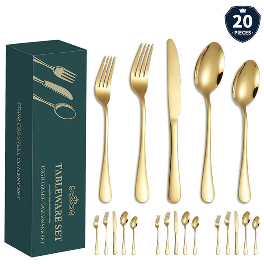 20-Piece Silverware Set, Stainless Steel Modern Flatware, Service for 4, Mirror Polished, Dishwasher Safe, Gold