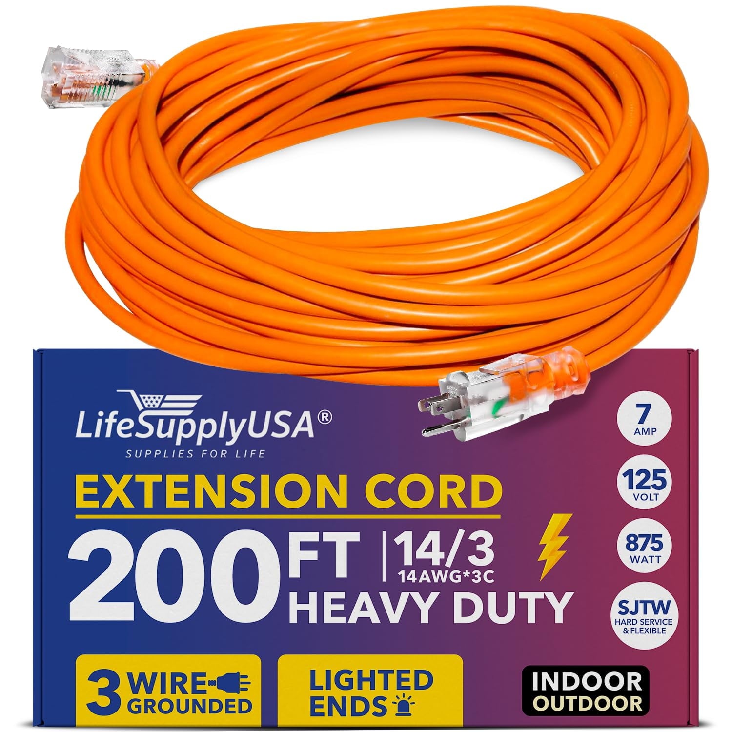 200ft Power Outdoor Extension Cord & Indoor - Waterproof Electric Drop Cord Cable - 3 Prong SJTW, 14 Gauge, 7 AMP, 125 Volts, 875 Watts, 14/3 by LifeSupplyUSA - Orange (1 Pack)