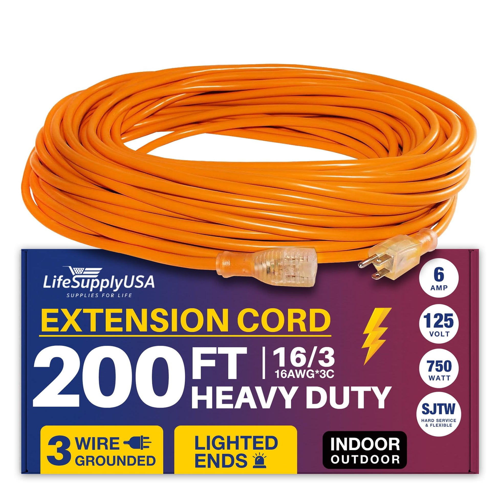 200ft Power Outdoor Extension Cord & Indoor - Waterproof Electric Drop Cord Cable - 3 Prong SJTW, 16 Gauge, 7 AMP, 125 Volts, 875 Watts, 16/3 by LifeSupplyUSA - Orange (1 Pack)