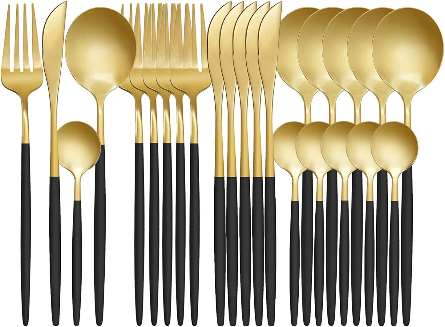 24-Piece Flatware Set, Gold Flatware Set for 6 , Black and Gold Flatware, Stainless Steel Knife Fork Spoon, Home Dinnerware Tableware Set for 6, Cutlery Set, Include Knives/Forks/Spoons Gold/Black