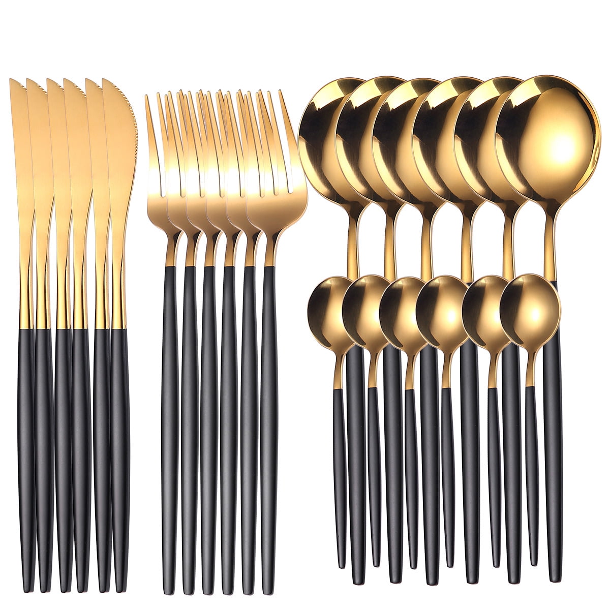 24-Piece Silverware Set for 6, Stainless Steel Flatware Set with Steak Knives, Hand Wash Recommended - Black Gold