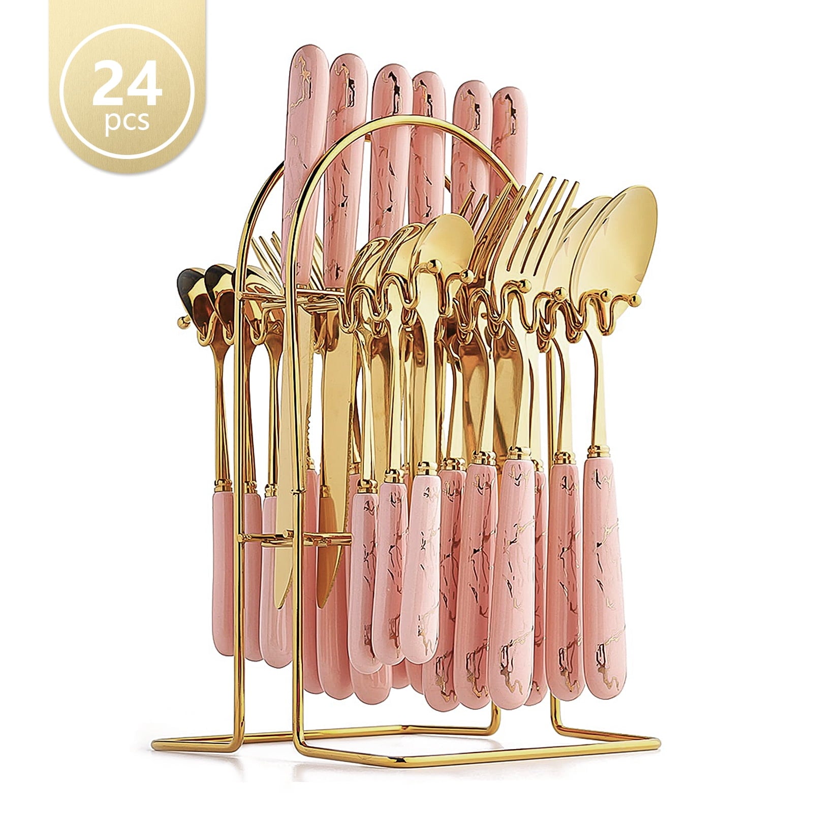 24-Piece Stainless Steel Cutlery Set with Elegant Marble Ceramic Handles - Main Dinner Knife, Fork, Spoon, Teaspoon - Luxury Gift Set(Pink)