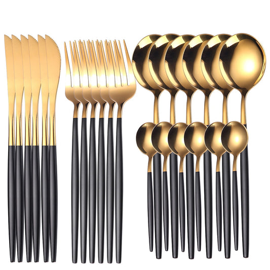 24-Piece Stainless Steel Flatware Serving Utensil Set, Service for 6 - Black Gold