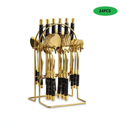 24PCS Gilded Stainless Steel Flatware Set Handle with Ceramic,Kitchen Utensil Tableware Cutlery Set Service for 6, Steak Cutlery Set for Home and Restaurant