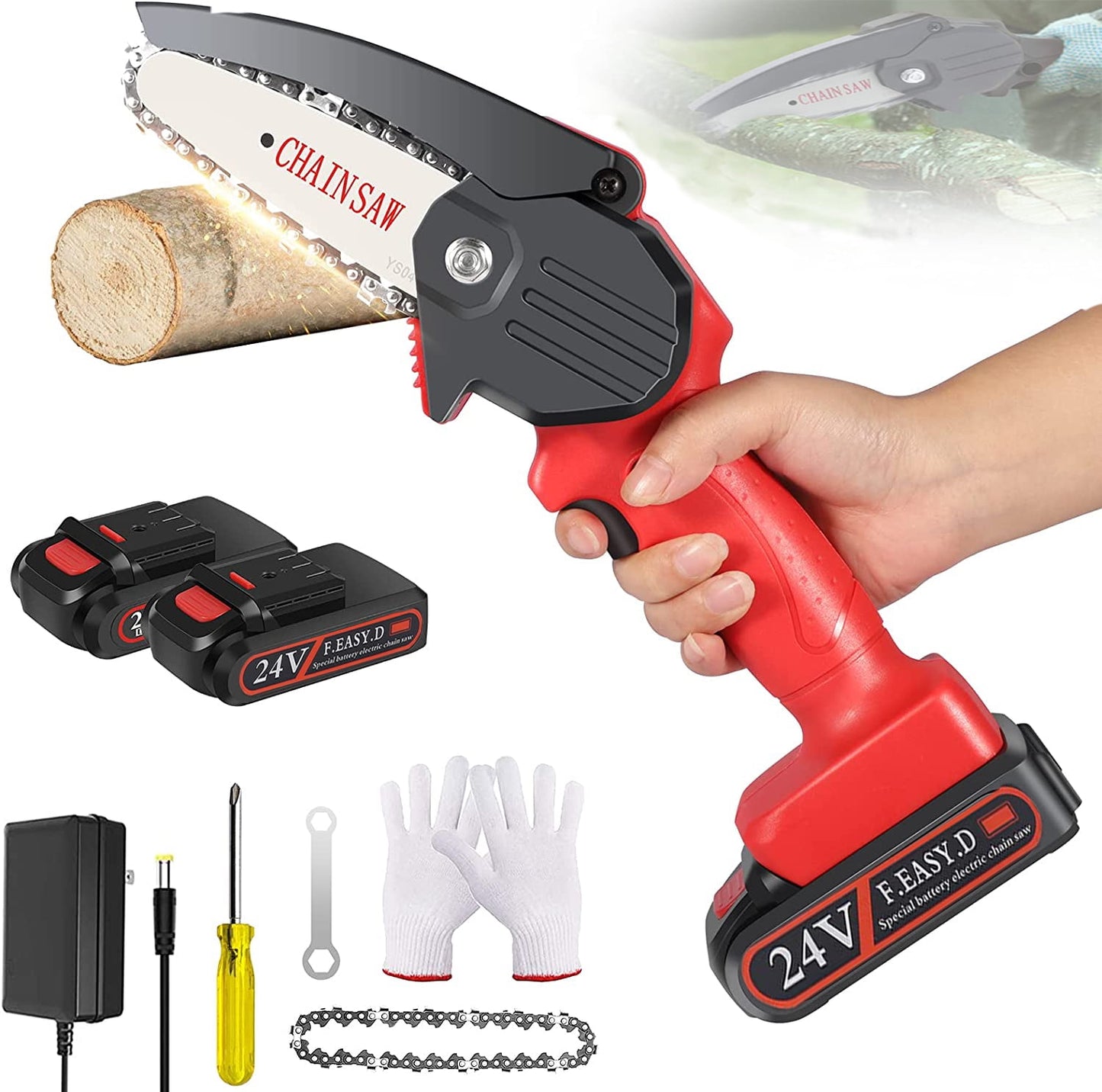 24V 4 inch Cordless Chainsaw with 2 Batteries and Charger, Lightweight, Powerful, and Versatile