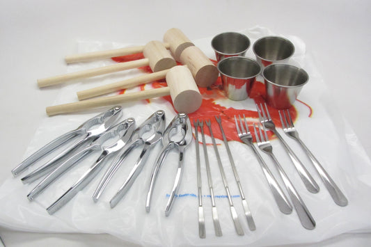 24pc Lobster Bake Crab Shellfish Seafood Tool Kit Metal Crackers Picks Forks Mallets Bibs