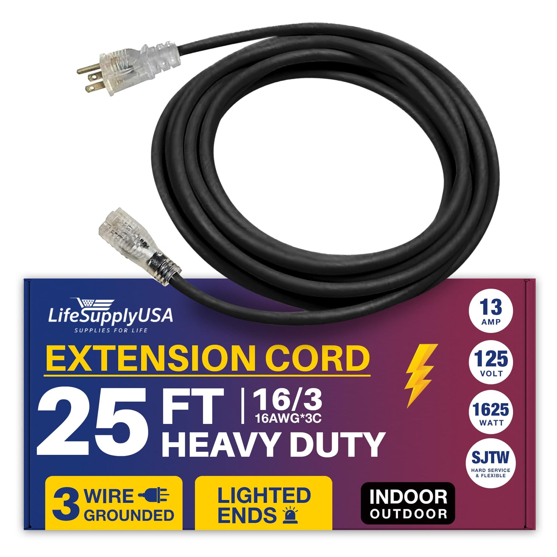 25ft Power Outdoor Extension Cord & Indoor - Waterproof Electric Drop Cord Cable - 3 Prong SJTW, 16 Gauge, 13 AMP, 125 Volts, 1625 Watts, 16/3 by LifeSupplyUSA - Black (1 Pack)