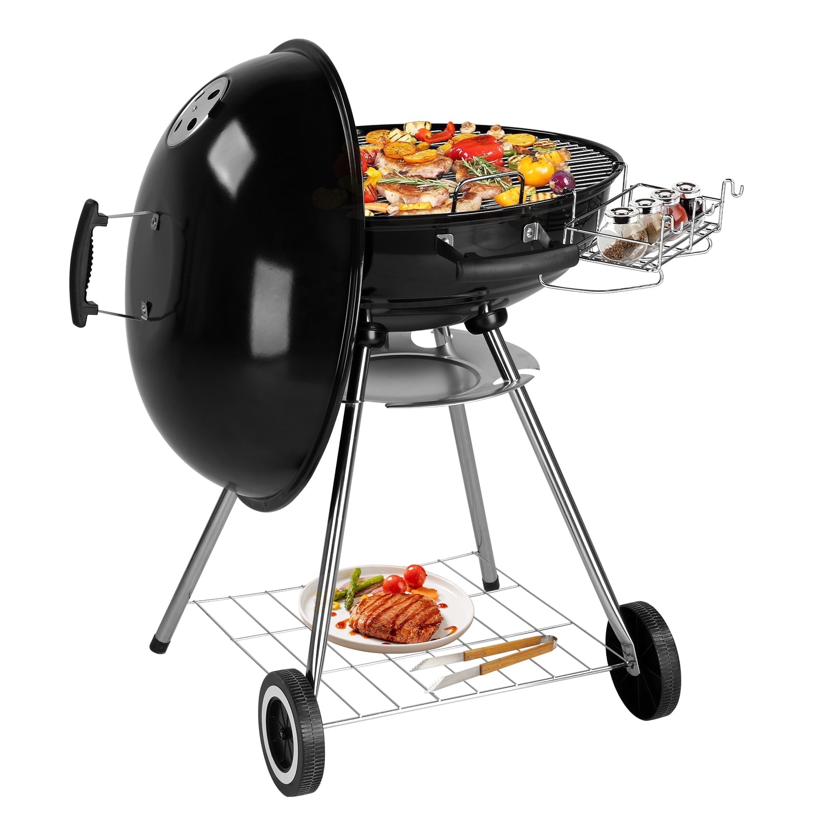 28-Inch Portable Charcoal Grill with Wheels and Storage Rack, Porcelain Enameled Lid, Soot Collector and Thermometer, Round BBQ Kettle Grill Bowl Wheels for Outdoor Gatherings, Home Patio