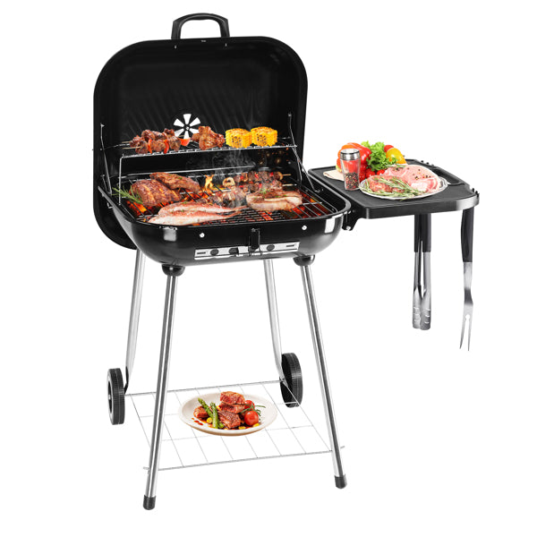 28" Portable Charcoal Grill with Wheels and Foldable Side Shelf, BBQ Smoker with Adjustable Vents on Lid for Outdoor Party Camping Picnic Backyard Cooking, Black