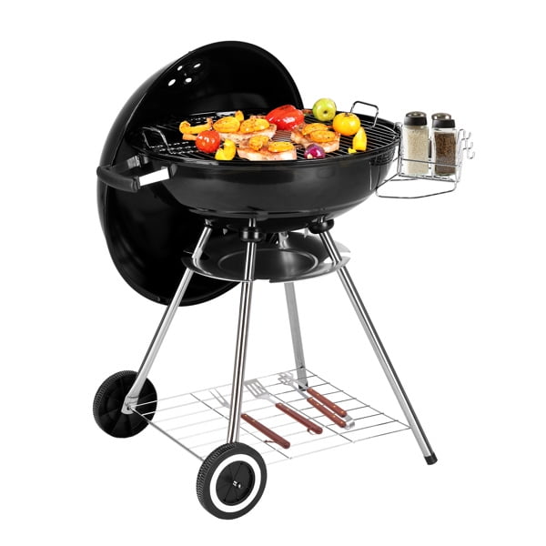 28 inch Charcoal Grill with Bowl, Portable Charcoal Grill with Wheels, Porcelain-Enameled Lid with Slide Out Ash Catcher, Round Barbecue Kettle Grill Bowl Wheels for Outdoor Party Camping Picnic