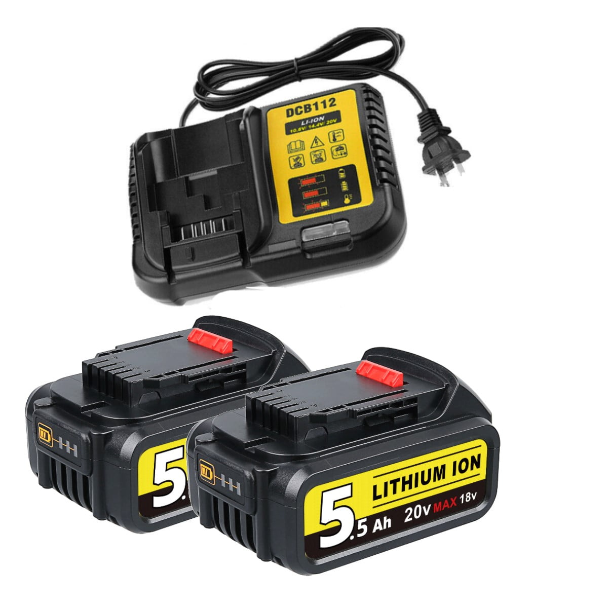 2Pack 20V Max 5.0Ah XR Lithium Ion Battery and DCB112 Charger for DEWALT DCB205 DCB200 DCB206 DCB204