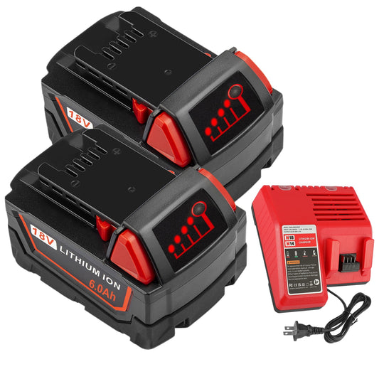 2Packs 18V 6000mAh Replacement Battery and Charger Replacement for Milwaukee 18-Volt Li-ion Battery and M-18 Battery Charger