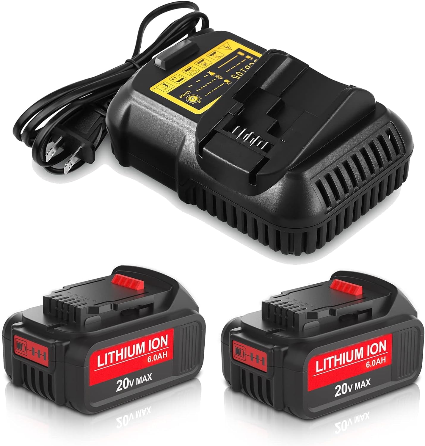 2Packs 20V 6.0Ah Lithium Battery and DCB105 Charger Compatible with Dewalt 20V Battery DCB200 DCB201 DCB204 DCB206 DCB207 DCB180