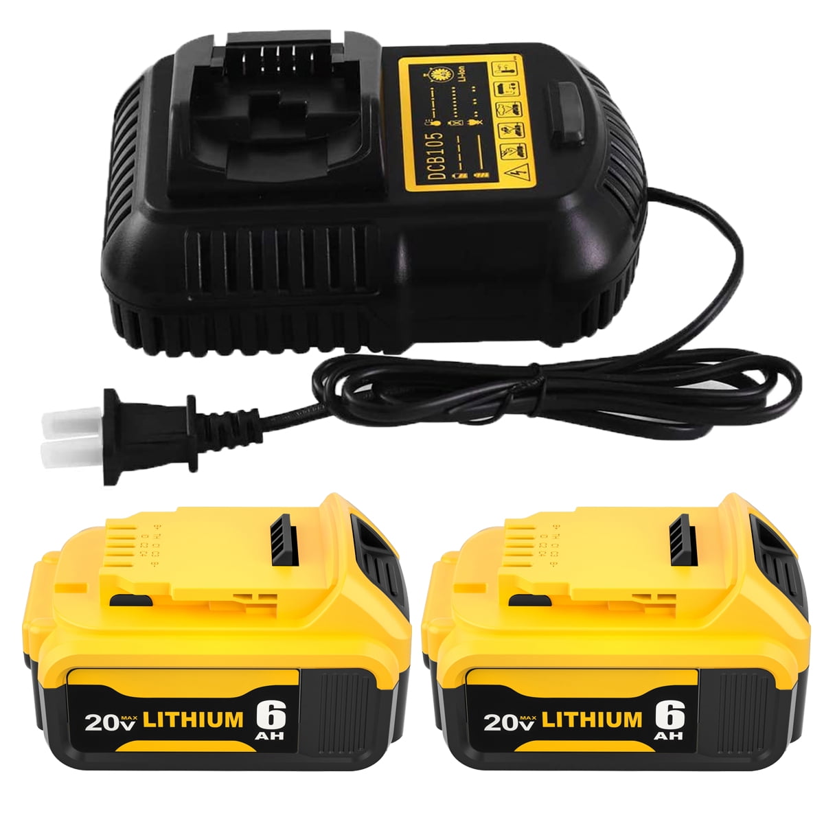 2Packs 20V 6.0Ah Lithium Battery and DCB105 Charger for Dewalt 20V Battery DCB200 DCB201 DCB206 DCB180