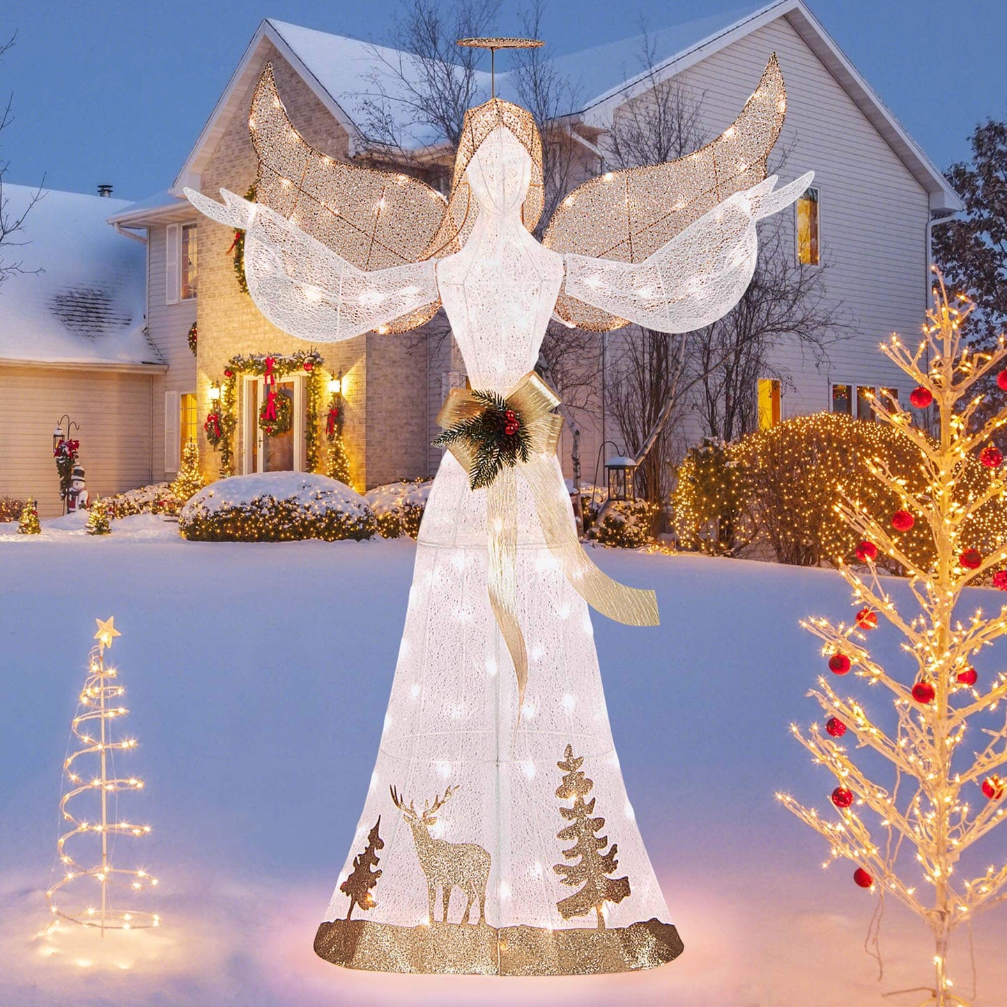 Costway 5 FT Pre-Lit Christmas Angel 3D Glittered Decoration with Halo Bow & 100 Lights